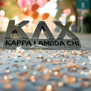 May include: A silver metal emblem with the letters KAX and the words KAPPA LAMBDA CHI. The emblem is on a surface covered in confetti, with blurred balloons in the background.
