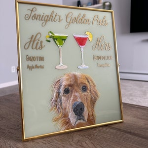 Hand Painted Pet Portrait Signature Drink Sign | Wedding Signature Cocktail Sign | Pet Wedding Sign | Glass Modern Frame Sign | Pet