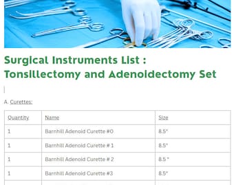 Surgical Instruments List Tonsillectomy and Adenoidectomy Set