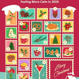 Op de afbeelding: Een geïllustreerde adventskalender met 24 genummerde vakjes. Elk vakje heeft een andere kerstthema-illustratie, zoals een sneeuwpop, een peperkoekman, een kerstboom en een sok. De kalender heeft de titel "The Avoidance Diaries: A Task-Based Advent Activation Calendar for Feeling More Calm in 2024".