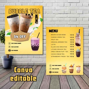 Menu Bubble Tea, menu Milk Tea canva edytowalne, szablon menu napojów, karta Bubble Tea edytowalna, lista cen restauracji, natychmiastowe pobieranie