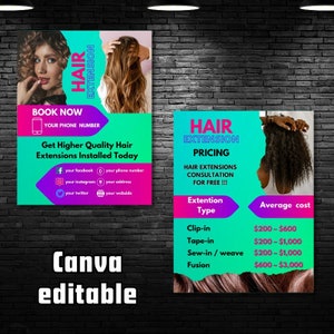 Hair Extension Salon Flyer: Wig Price List, Editable Canva Template