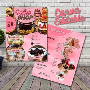 panfleto de loja de bolos, modelo de panfleto de padaria, panfleto de padaria canva editável, modelo de panfleto de bolo, panfleto de negócios de bolo, panfleto de cupcake, lista de preços