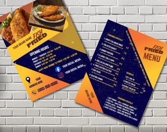 May include: A flyer for a restaurant called "Fish Fried" with a menu and opening hours. The design features images of fried fish, with text in yellow, orange, and blue. The flyer includes social media icons and a phone number.