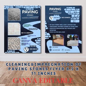 Könnte beinhalten: Zwei blaue Flyer, die Reinigungs- und Imprägnierungsdienste für Pflastersteine bewerben. Die Flyer enthalten Bilder von Pflastersteinen, Kontaktinformationen und eine Liste der Dienstleistungen. Der Text auf den Flyern lautet "Reinigung & Imprägnierung von Pflastersteinen Flyer 8,5 x 11 Zoll".