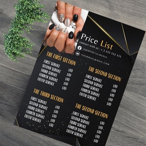 May include: A black and gold price list for nail salon services. The list is divided into three sections: The First Section, The Second Section, and The Third Section. Each section lists five services with a price of $10 for each service.