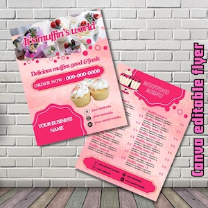Folleto de muffins, lista de precios de muffins, menú de muffins, folleto de postres dulces, folleto de venta de repostería, folleto de panadería, editable en formato digital y Canva