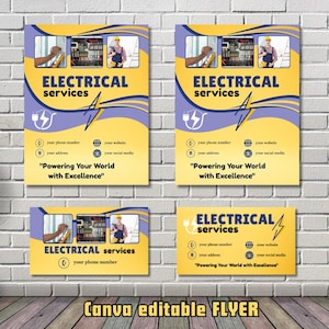 Electrical Service Flyer, Electrical Contractor  Card, Electrical Contracting and Services Flyer and Business Card Templates, Canva Editable