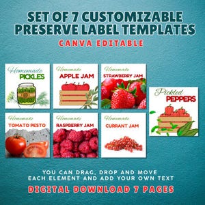 May include: A set of 7 customizable preserve label templates featuring illustrations of pickles, apple jam, strawberry jam, pickled peppers, tomato pesto, raspberry jam, and currant jam. The text includes SET OF 7 CUSTOMIZABLE PRESERVE LABEL TEMPLATES.