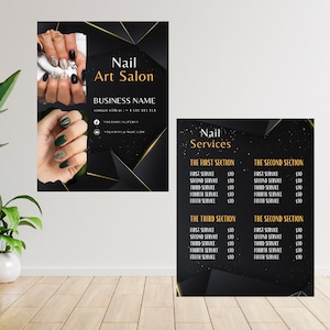 May include: A black and gold poster with the text "Nail Art Salon" and a business name. The poster also includes contact information and social media links. A second poster lists nail services with prices.