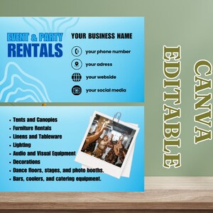 Event Party Rental Business Card, Equipment Rentals Card, Party Rental Business, Premade Decoration Card, Canva editable, 3.5 x 2 inches