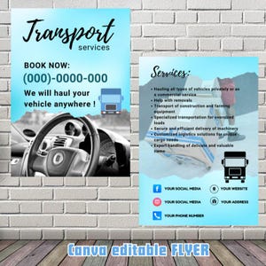 May include: A blue and white flyer with the text "Transport Services" and a phone number. The flyer advertises vehicle hauling services, including help with removals, transport of construction and farming equipment, and specialized transportation for oversized loads. The flyer also includes contact information for social media, website, and address.