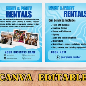 Event Party Rental Flyer, Event Equipment Rentals Flyer, Party Rental Business, Premade Party Decoration Flyer, canva editable, digital