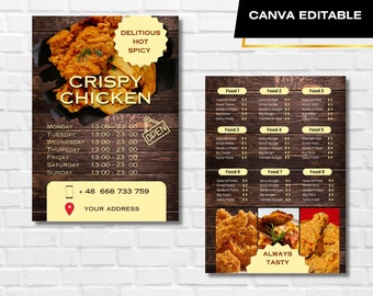 May include: A menu for a restaurant called "Crispy Chicken" with a woodgrain background. The menu features a variety of food items, including pasta, burgers, and pizza. The menu also includes the restaurant's hours of operation, phone number, and address. The image includes a picture of fried chicken and french fries.
