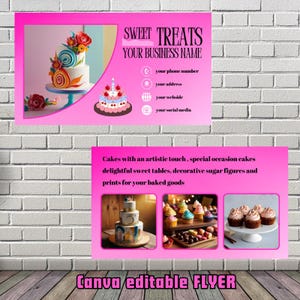 Cartão de visita de doces, modelo de cartão de visita de confeitaria, cartão de visita de confeitaria, cartão de padaria editável Canva, modelo de cartão frente e verso