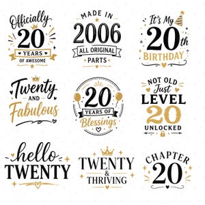 20-årsdag SVG PNG-paket, 20 år av fantastiskt, guld-svart milstolpe-födelsedagströjadesign, Cricut-filer, sublimering