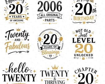 20e verjaardag SVG PNG-bundel, 20 Years of Awesome, goud zwart mijlpaal verjaardag shirtontwerp, Cricut-bestanden, sublimatie