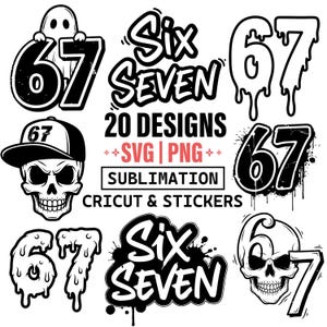 67 Zahl SVG-Bundle, sechs Sieben Geburtstag Clipart, lustige Meme Designs für Cricut, Sublimation, Schädel-Geist digitaler Download