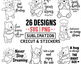 Vintage Pooh Bear Quotes SVG-bundel, 26 Bear Line Art PNG SVG-bestanden voor de Cricut, sublimatieontwerpen, kinderkamerafdrukken, Instant Download