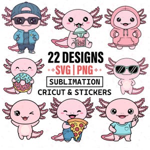 Cute Axolotl SVG PNG Bundle, Kawaii Axolotl Clipart, Cartoon Animal SVG, Cricut Files, Sublimation png, Sticker Shirt Design, image 1