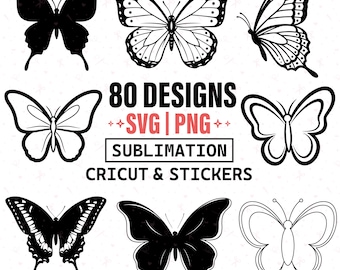 May include: A collection of butterfly designs in various styles, including solid black silhouettes and detailed line drawings. The image includes the text "80 DESIGNS SVG PNG SUBMLIMATION CRICUT & STICKERS".