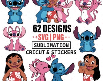 Lilo Stitch SVG PNG Bundle 62 Designs, Stitch Clipart, Cute Cartoon svg, Cricut Files, Sublimation PNG, Sticker Shirt Design
