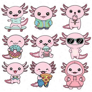 May include: Nine cartoon axolotls in various poses and outfits. One rides a skateboard, another wears a jacket, and one eats ice cream. Other axolotls hold a donut, drink a beverage, wear sunglasses, play a video game, eat pizza, and wear a hoodie.