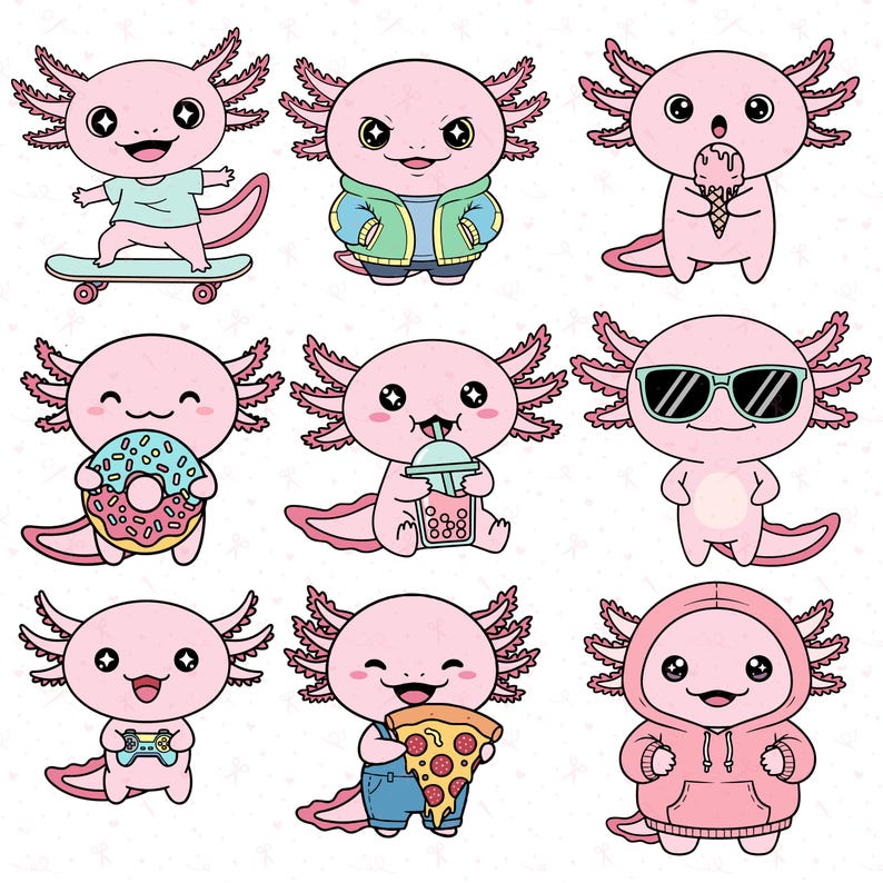 May include: Nine cartoon axolotls in various poses and outfits. One rides a skateboard, another wears a jacket, and one eats ice cream. Other axolotls hold a donut, drink a beverage, wear sunglasses, play a video game, eat pizza, and wear a hoodie.