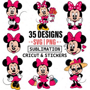 May include: A collection of Minnie Mouse designs in various poses, wearing pink dresses and bows. The image includes the text "35 DESIGNS SVG PNG SUBMLIMATION CRICUT & STICKERS". The designs are suitable for sublimation, Cricut, and sticker projects.