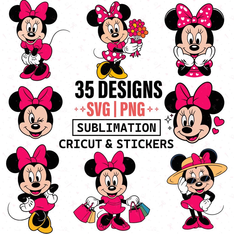 May include: A collection of Minnie Mouse designs in various poses, wearing pink dresses and bows. The image includes the text "35 DESIGNS SVG PNG SUBMLIMATION CRICUT & STICKERS". The designs are suitable for sublimation, Cricut, and sticker projects.
