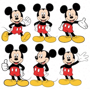 May include: A collection of six cartoon images of Mickey Mouse in various poses. Mickey Mouse is depicted with black ears, a black body, red shorts, yellow shoes, and white gloves. The poses include waving, thumbs up, and winking.
