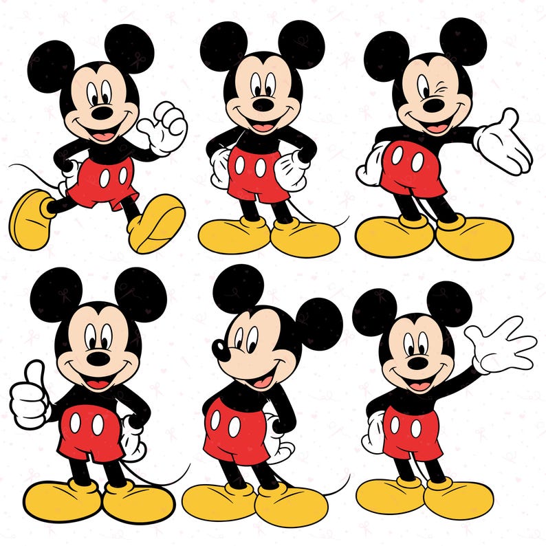 May include: A collection of six cartoon images of Mickey Mouse in various poses. Mickey Mouse is depicted with black ears, a black body, red shorts, yellow shoes, and white gloves. The poses include waving, thumbs up, and winking.