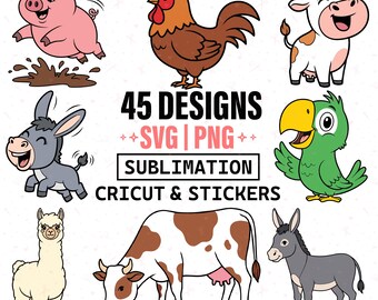 Boerderijdieren clipartpakket 45 ontwerpen — SVG, png-vector, kinderkamerafdrukken, Cricut-bestanden