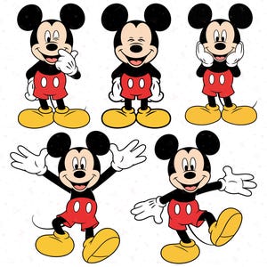 May include: A collection of five cartoon illustrations of Mickey Mouse in various poses. Mickey is depicted with his signature black ears, black body, red shorts, yellow shoes, and white gloves. Each illustration shows a different expression and stance.