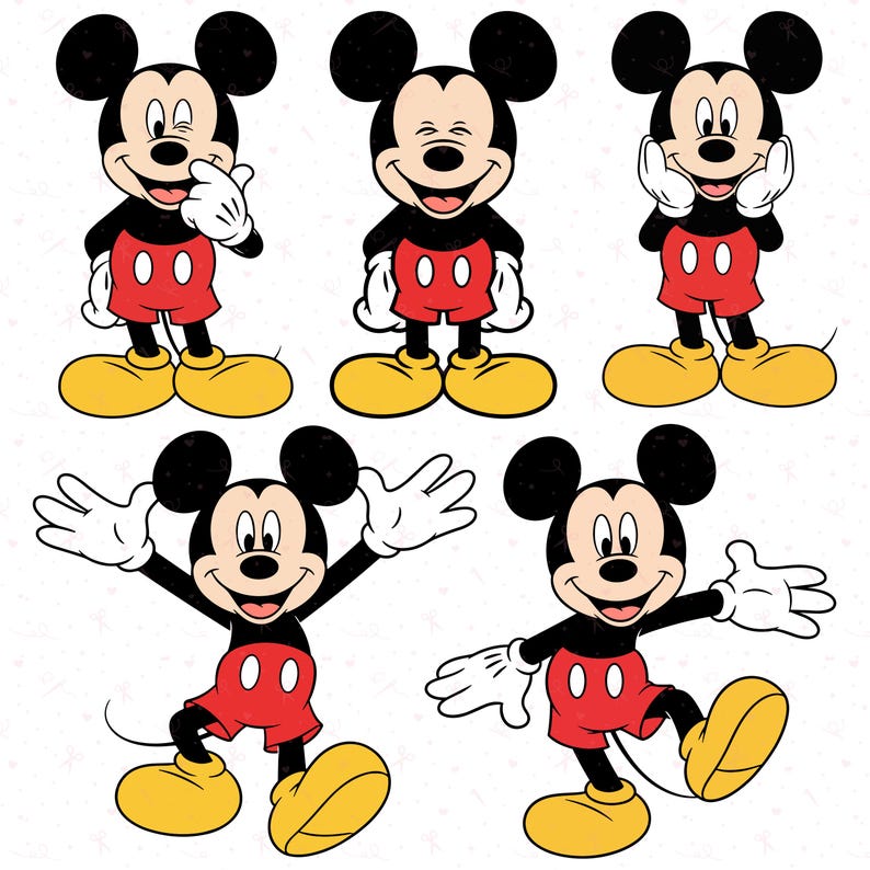 May include: A collection of five cartoon illustrations of Mickey Mouse in various poses. Mickey is depicted with his signature black ears, black body, red shorts, yellow shoes, and white gloves. Each illustration shows a different expression and stance.