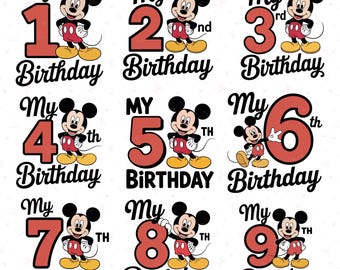 Mickey Mouse verjaardag nummer SVG, mijn 1e verjaardag png-bundel, muis verjaardag Cricut-bestanden, babyjongen meisje sublimatie