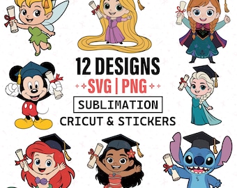 Disney afstuderen SVG-bundel, prinses afgestudeerde PNG, Mickey & Stitch afstuderen clipart, sublimatie Cricut-bestanden, 12 ontwerpen