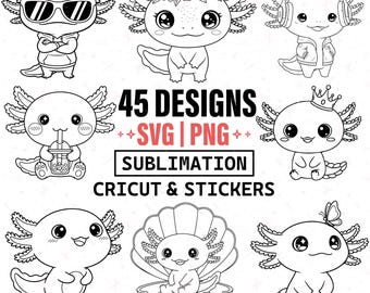 Leuke Axolotl SVG PNG-bundel, kawaii Axolotl-clipart, Axolotl-overzicht doodle voor verjaardag, babyshower werkt perfect in de Cricut en sublimatie