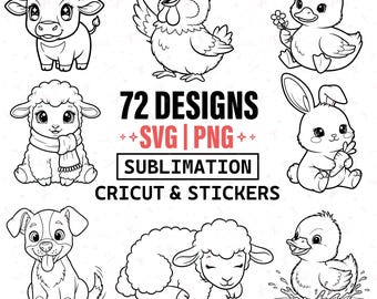 Farm Animals Bundle 72 Designs, Outline Clipart PNG SVG, Cricut Cut Files, Sublimation, Stickers