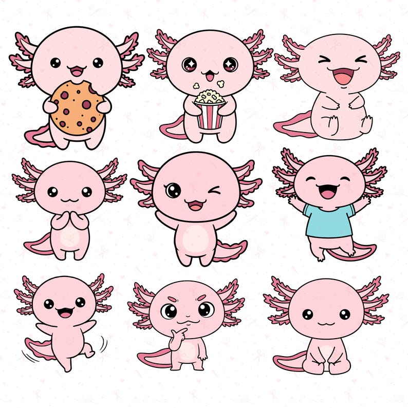 May include: Nine cartoon axolotls in various poses and expressions. Some axolotls hold a cookie, popcorn, or wear a blue shirt. The axolotls are pink with detailed gills and smiling faces, set against a white background.