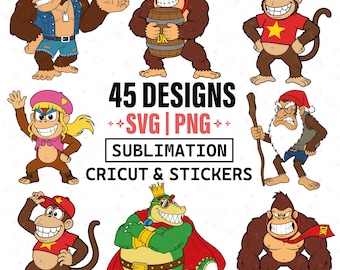 Donkey Kong clipartbundel SVG PNG, DK Diddy Kong-personages, retro game-graphics, Cricut-sublimatie, 45 ontwerpen