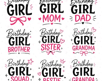 Verjaardag meisje SVG PNG-bundel, verjaardag familie clipart, moeder vader zus tante oma opa, Cricut-bestanden, sublimatie ontwerp