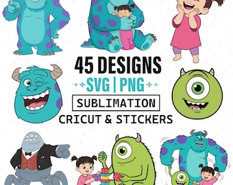 Monsters Inc SVG PNG-bundel, Mike Sully Boo clipart, Cartoon Monsters SVG, Cricut silhouetbestanden, verjaardag shirt sublimatie ontwerpen