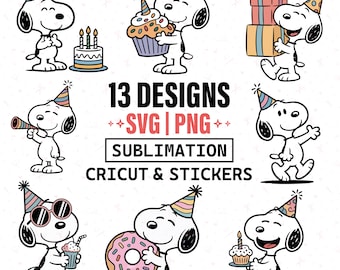 Snoopy verjaardag SVG-bundel, verjaardag hond png, cartoon partij Cricut-bestanden, leuke verjaardag sublimatie ontwerpen, stickers partij puppy