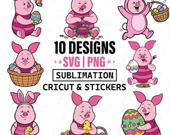 Pasen Knorretje SVG-bundel, Pig Bunny clipart PNG, Cricut Cut-bestanden, sublimatie ontwerp voor shirts, stickers, lente ambachten