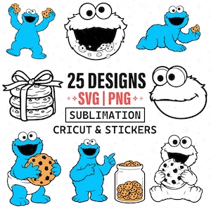 Op de afbeelding: Een verzameling Cookie Monster-ontwerpen in verschillende poses, met koekjes en een stapel koekjes vastgebonden met een strik. De afbeelding bevat de tekst "25 DESIGNS SVG PNG SUBMLIMATION CRICUT & STICKERS."