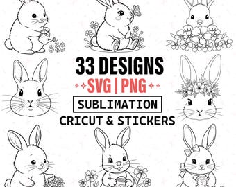 Spring Bunny-bundel 33 ontwerpen, overzicht SVG PNG, Cricut-bestanden, kindershirtontwerp, sublimatie