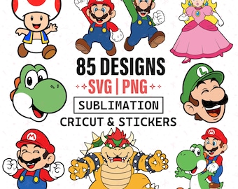 Mario-clipartbundel 85 ontwerpen, alfabet PNG SVG, Cricut-bestanden, kindershirts