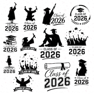 May include: A collection of black and white graduation-themed graphics. Silhouettes of graduates in caps and gowns, some jumping or holding diplomas. Text includes "Class of 2026" in various fonts and designs, with stars and laurel wreaths.