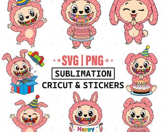 Labubu verjaardag SVG PNG-bundel, schattige Labubu verjaardag clipart, kawaii partij karakter Cricut-bestanden, verjaardag sublimatie ontwerpen